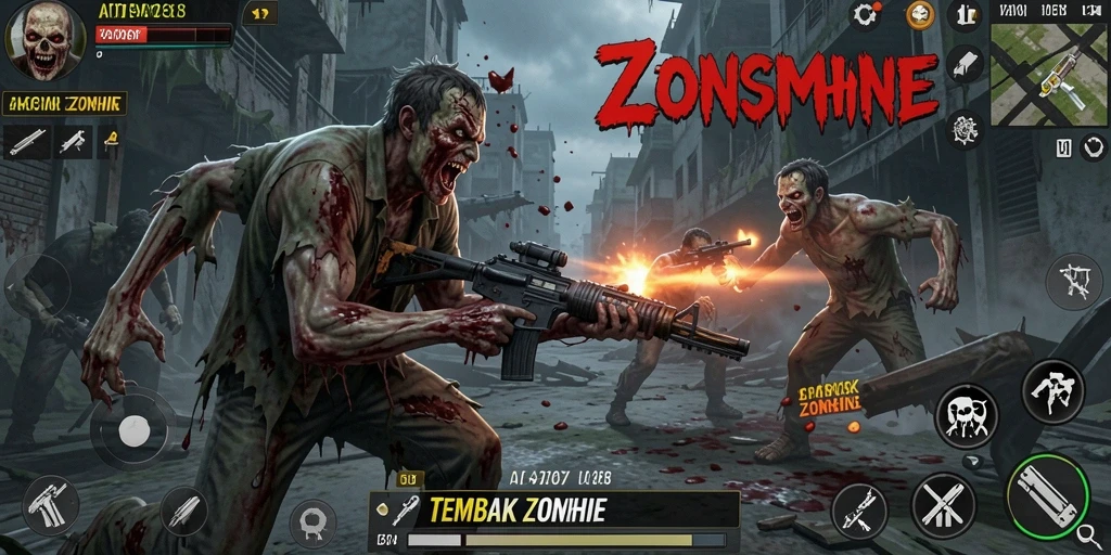 Screenshot ATOM138 menampilkan aksi menembak zombie yang intens.